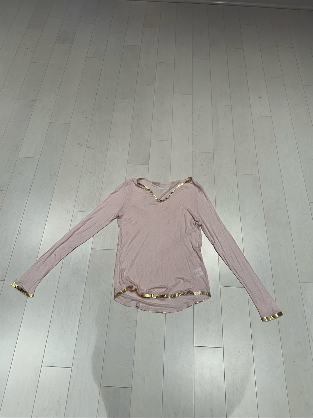 Zadig & Voltaire Pale Pink Long-Sleeve V-Neck Top with Gold Trim - size small